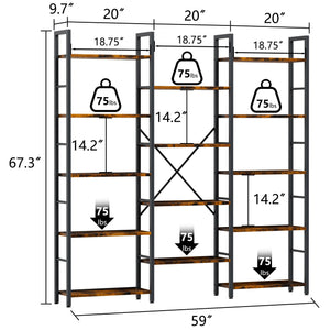 Industrial 14-Shelf Wide Bookcase with Metal Frame – Brown