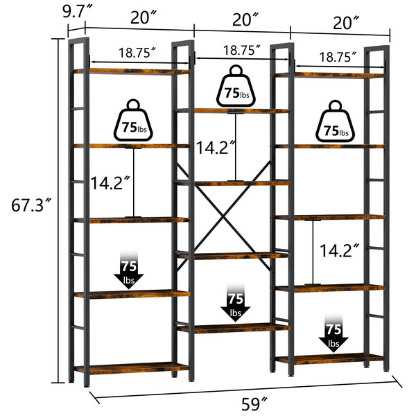 Industrial 14-Shelf Wide Bookcase with Metal Frame – Brown