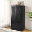 Armoire Wardrobe Closet with Woven Doors, Drawers & Hanging Rail