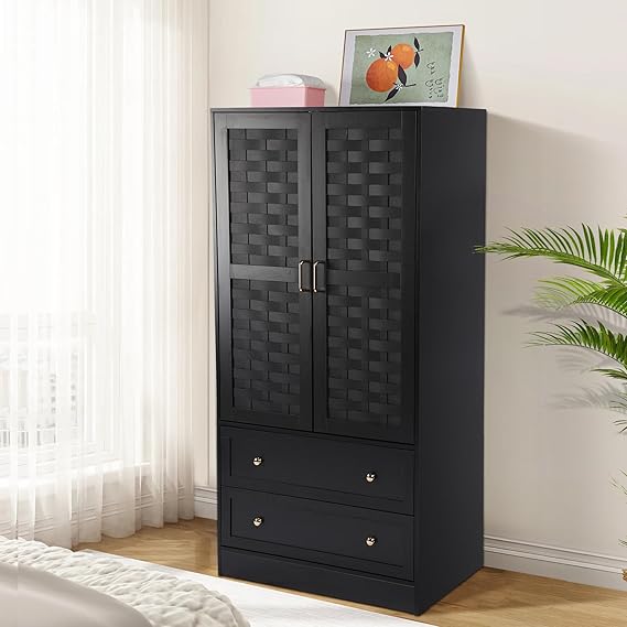 Armoire Wardrobe Closet with Woven Doors, Drawers & Hanging Rail