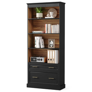 72-Inch Tall Narrow Bookshelf with 2 Drawers, 5-Tier Floor Standing Bookcase