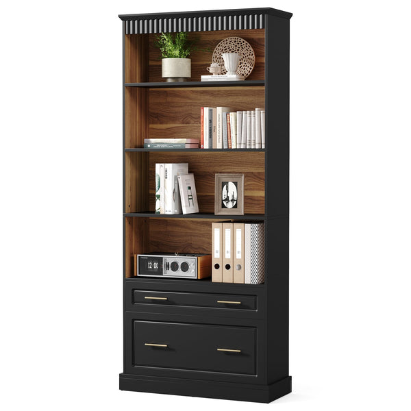 72-Inch Tall Narrow Bookshelf with 2 Drawers, 5-Tier Floor Standing Bookcase