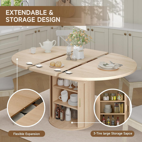 Extendable Round to Oval Dining Table with Storage Cabinet