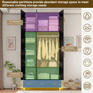Large Armoire Wardrobe Closet with LED Lights & Drawers