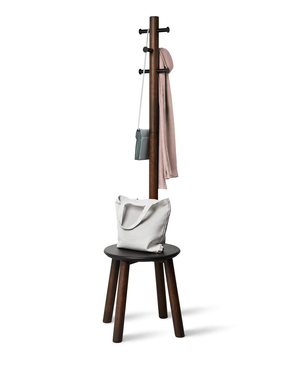 Pillar Coat Rack and Stool with 6 Hooks