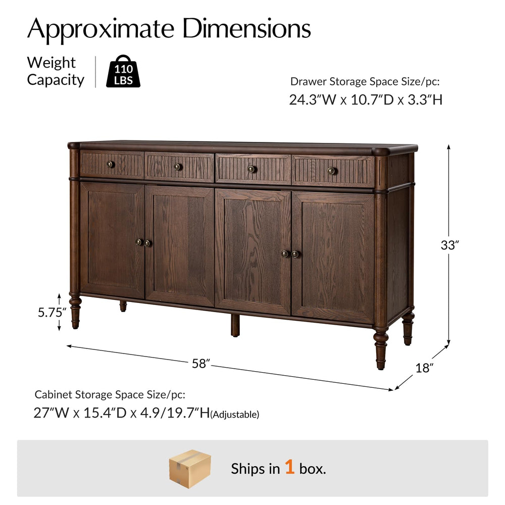 58" Wood Sideboard Cabinet with Fluted Drawers & 4 Doors