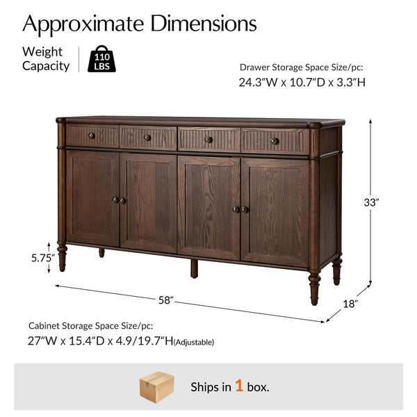 58" Wood Sideboard Cabinet with Fluted Drawers & 4 Doors