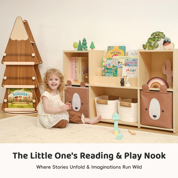 360° Rotating Tree Bookshelf – 4-Tier Pine Wood Floor Standing Bookcase