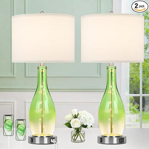 26in Tall Glass Table Lamps Set of 2 with USB Ports & LED Nightlight