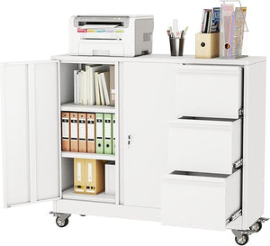 3-Drawer Lockable Metal File Cabinet with Wheels