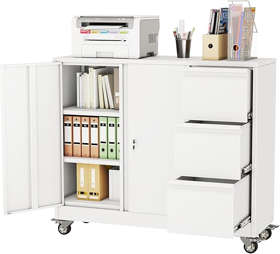 3-Drawer Lockable Metal File Cabinet with Wheels