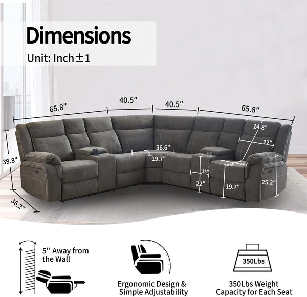 Power Reclining Sectional Sofa with USB Port & Console Storage