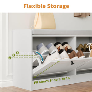 Shoe Storage Bench with Flip Drawers & Padded Seat