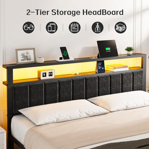 King Bed Frame with LED Lights & Charging Station