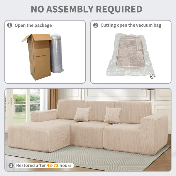 3-Piece Modular Sectional Sofa – Corduroy Cloud Couch with Deep Seating