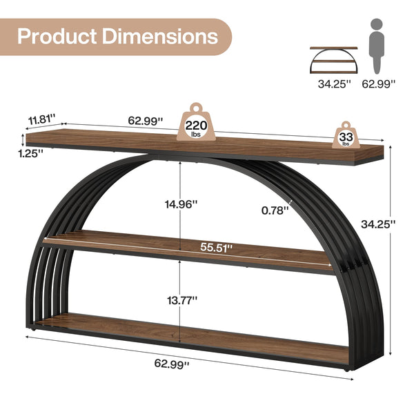63-Inch Arched Console Table with 3-Tier Shelves