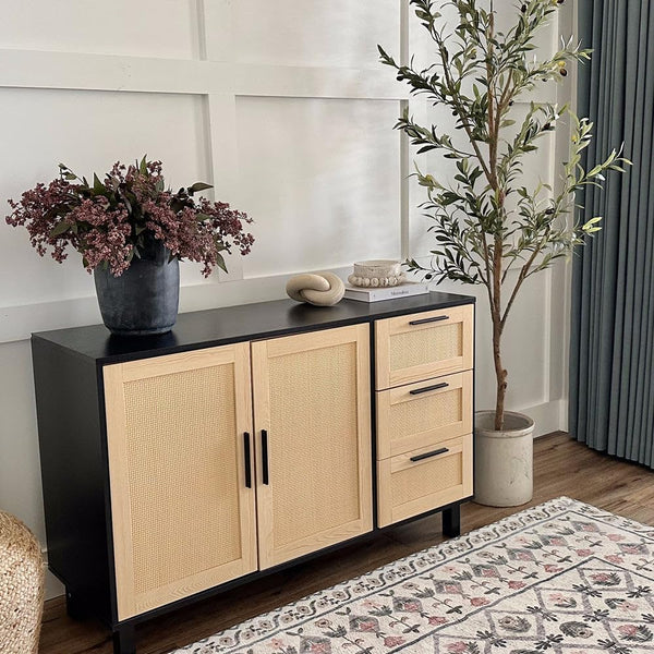 Rattan Sideboard Buffet Cabinet with Doors and Drawers
