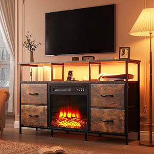 Fireplace TV Stand with Fabric Drawers, LED Lights & Power Outlets