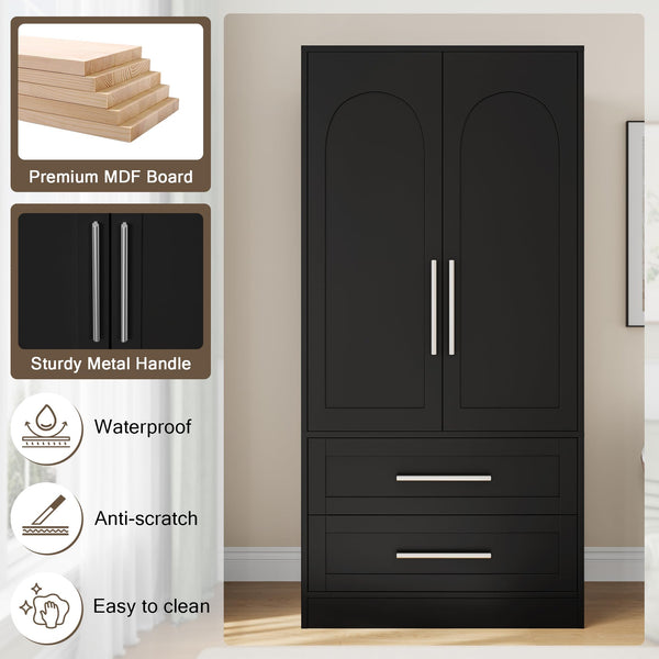 Freestanding Wooden Wardrobe with 2 Doors & 2 Drawers