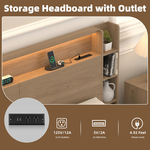Headboard with Shelves, Charging Station & LED Light