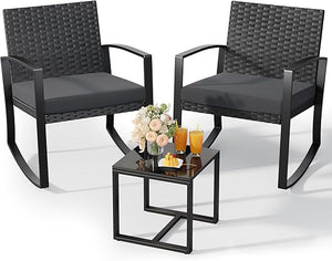 3-Piece Outdoor Rattan Rocking Bistro Set with Coffee Table