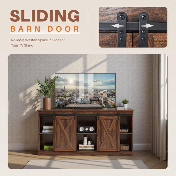 Farmhouse TV Stand with Sliding Barn Door – 58 Inch, Brown