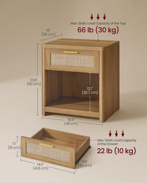 Boho Nightstands with Rattan-Look Drawer, Set of 2