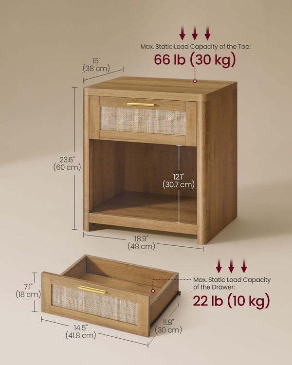 Boho Nightstands with Rattan-Look Drawer, Set of 2