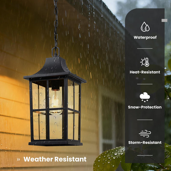 Large Outdoor Pendant Light Fixture – Black Modern Hanging Porch Lantern