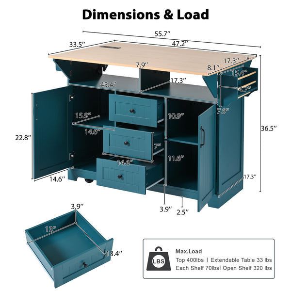 Kitchen Island Cart with Drop Leaf & Power Outlets