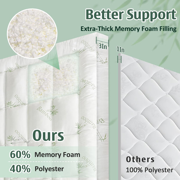 3 Inch Cooling Mattress Topper with Bamboo Viscose Cover & Memory Foam Fill