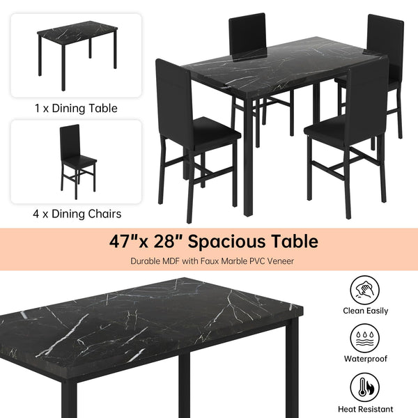 5-Piece Faux Marble Dining Table Set with 4 PU Leather Chairs