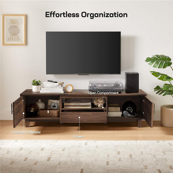 Amada 58" TV Stand for TVs up to 65 Inch, Fluted Entertainment Center with Storage Cabinets and Drawer, Mid Century Modern TV Console Table for Living Room & Bedroom, Walnut