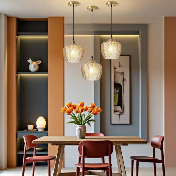 Amber Glass Pendant Light – Adjustable Gold Farmhouse Ceiling Fixture