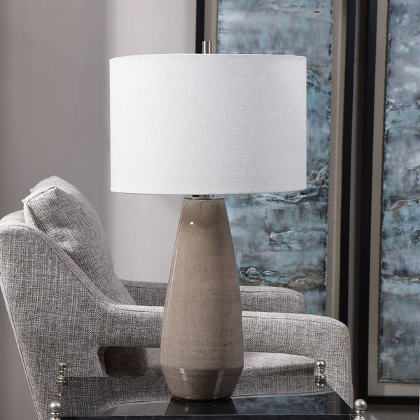 Ceramic Table Lamp – Crackled Taupe-Gray & Brass