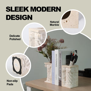 Marble Bookends with Pen Holder & Vase – Set of 2