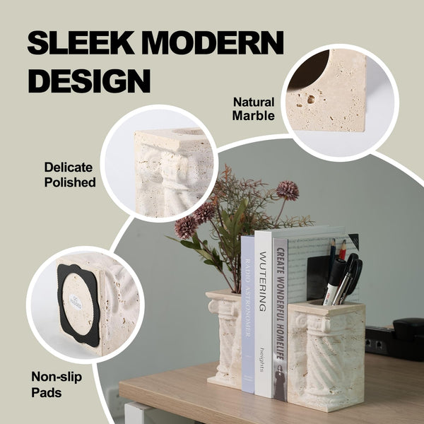Marble Bookends with Pen Holder & Vase – Set of 2