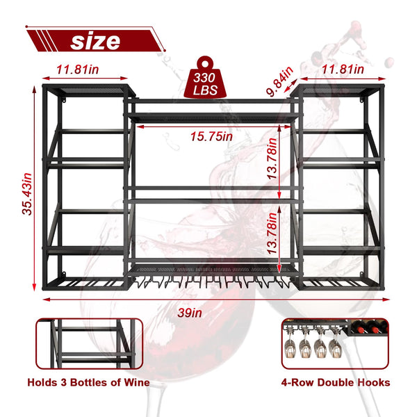 Wall Mounted Wine Rack with Glass Holder & Floating Bar Shelves