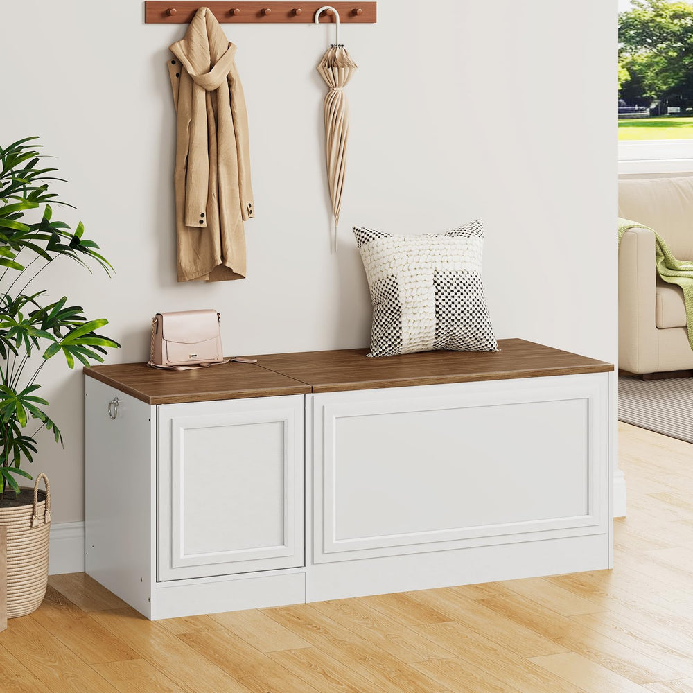 Storage Bench with Toy Box and Safety Hinge – White & Walnut, 47.2"
