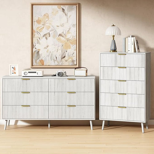 2-Piece Black Fluted Dresser Set with 11 Drawers