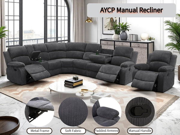 L-Shape Sectional Reclining Sofa Set with Drop-Down Table & Storage Console