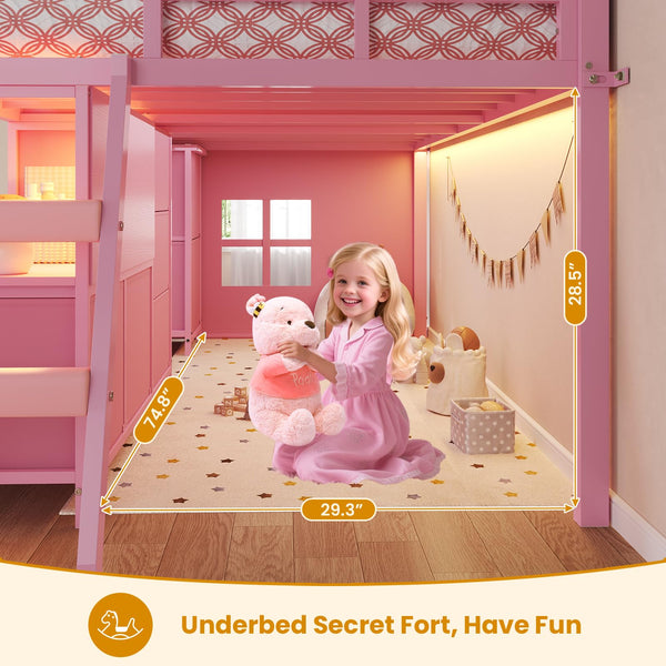 Low Loft Bed Twin Size with Storage Drawers, Bookcase and LED Lights