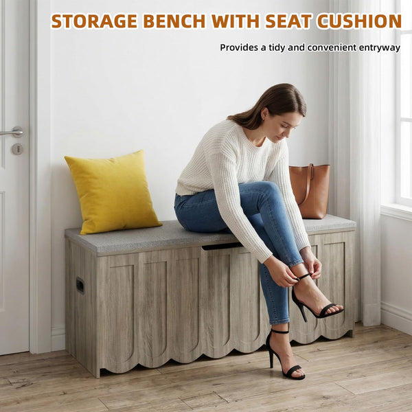 Storage Bench with Cushion Seat & Swivel Wheels — Grey