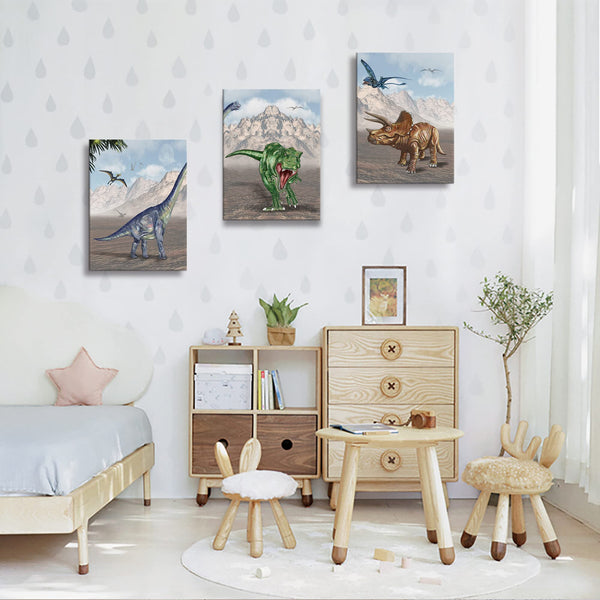 Dinosaur Canvas Wall Art – 3-Panel Framed Set, 16"x24" Each