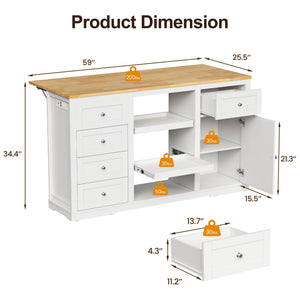 59-Inch Kitchen Island with Drop Leaf and Storage