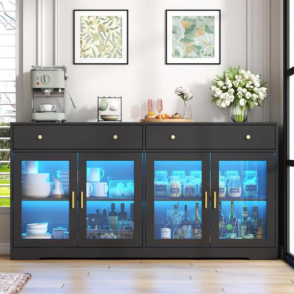 55" Sideboard Buffet Cabinet with LED Lights & Glass Doors