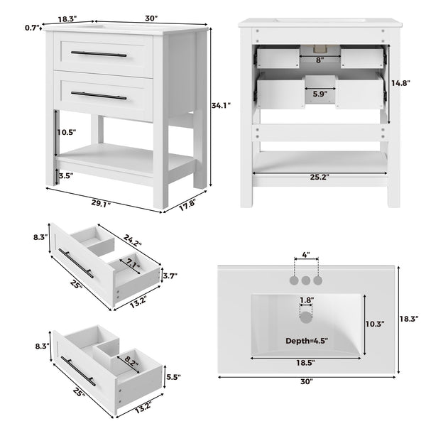 30" Freestanding Bathroom Vanity with Sink & Open Shelf