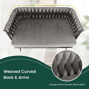 Woven Loveseat Sofa with Velvet Cushion & Metal Legs