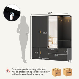 Large Wardrobe Closet with Mirror & Sensor Light – 5 Doors, 2 Drawers