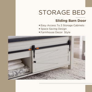 Farmhouse Bedroom Set with Barn Door Storage – King & Queen Bed + 2 Nightstands